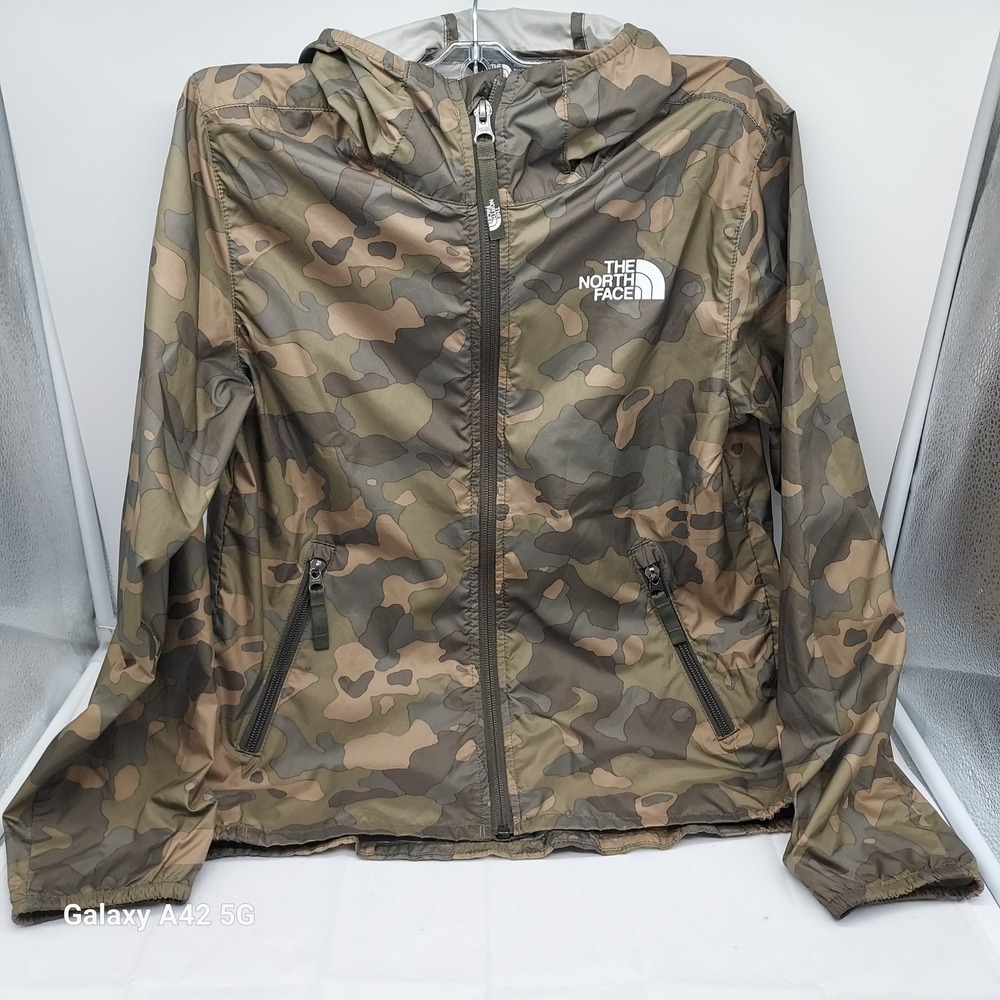 The North Face Youth Windwall Camo Hooded Windbreaker Jacket Brown Green M 10/12
